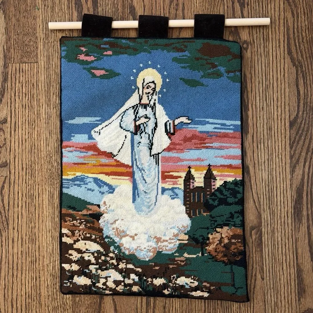 Vintage Needlepoint Finished Mary Gobelin Wall Hamging 14” X 20” Religious Art
